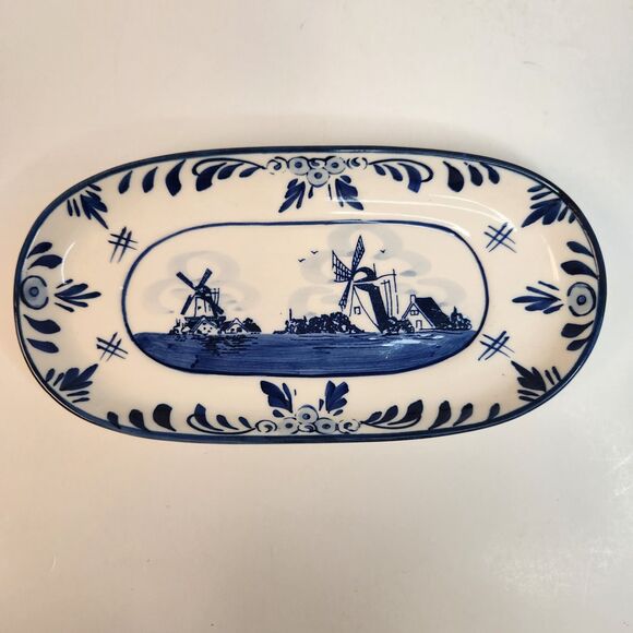 Delft Blue Mini Ceramic Creamer, Covered Sugar Bowl w/Tray Hand Painted 3 Pc Set - Picture 7 of 16